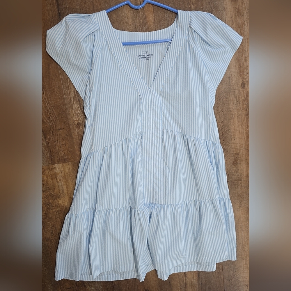 Vineyard Vines Striped Flutter Sleeve Tiered Dress Size L Preppy Coastal Summer